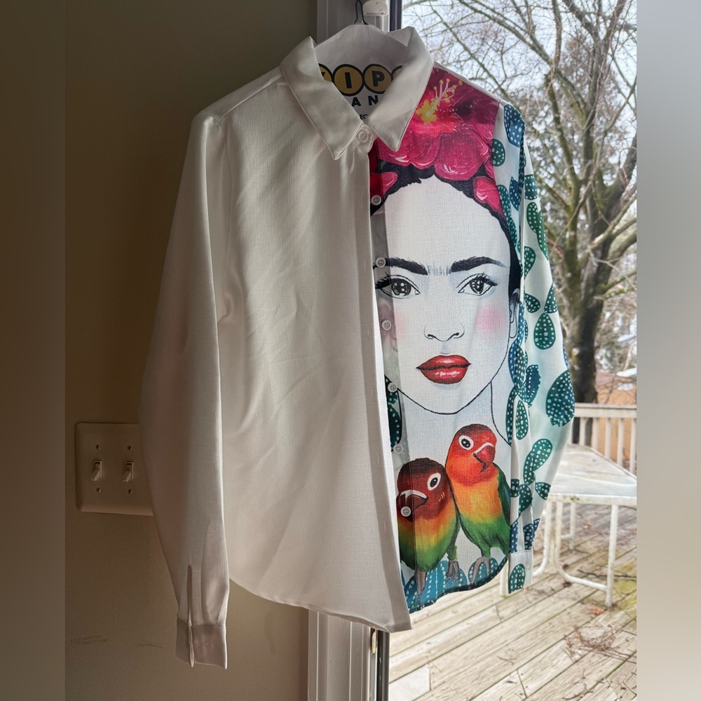 Artistic Button Down Long Sleeve Shirt with Tropical Female Face. - Picture 2 of 4
